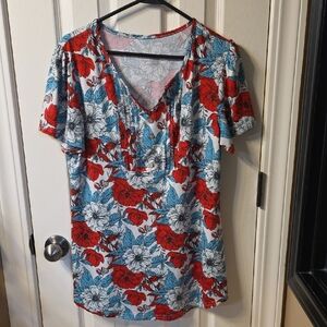 Floral V-Neck Women Top - Red and Blue